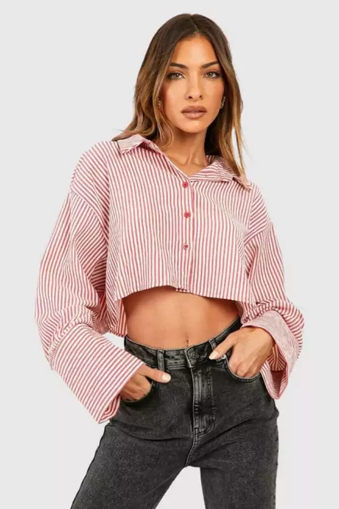 Boohoo: Oversized Crop Wide Sleeve Striped Shirt