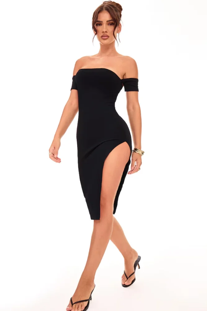 Black Cuff Detail Side Split Midi Dress