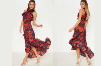 Floral Print Frill Detail Wrap Maxi Dress